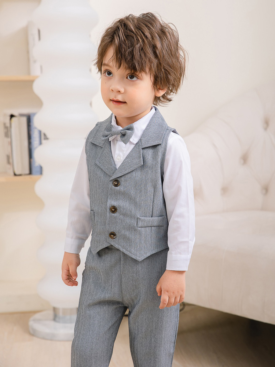 Trendy Boys' 3-Piece Suit – Blue Shirt, Vest, Pants, and Bow Tie