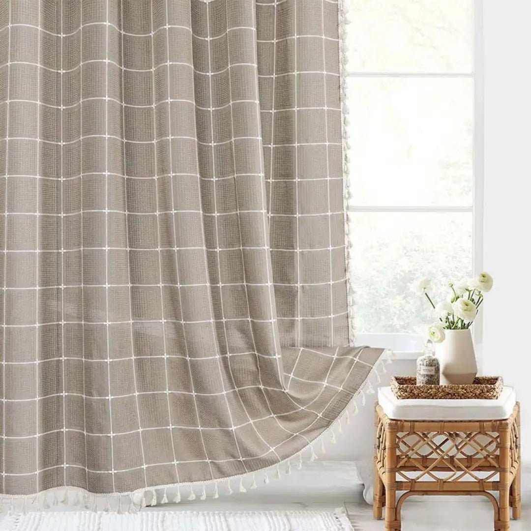 Bohemian Linen Shower Curtain with Tassels and Waterproof Design