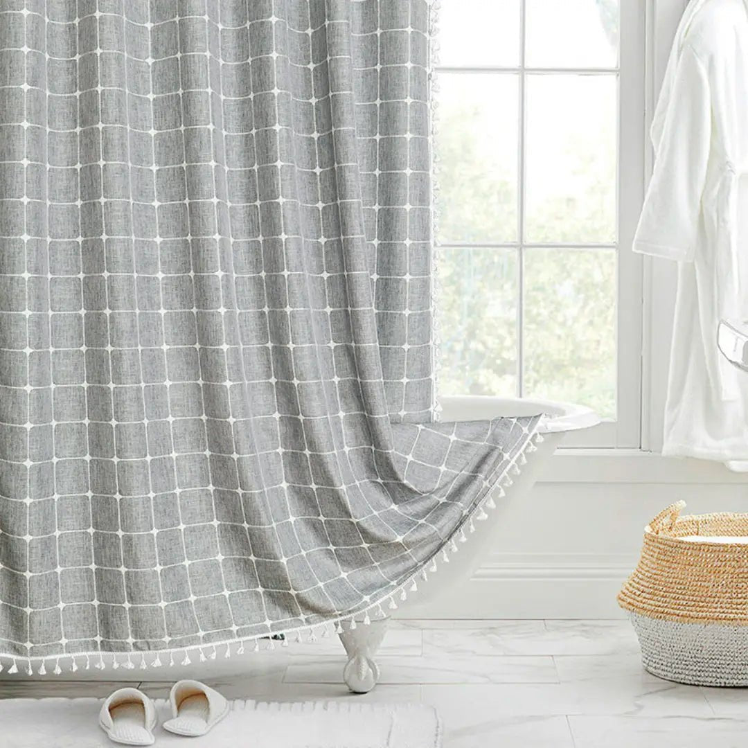Bohemian Linen Shower Curtain with Tassels and Waterproof Design