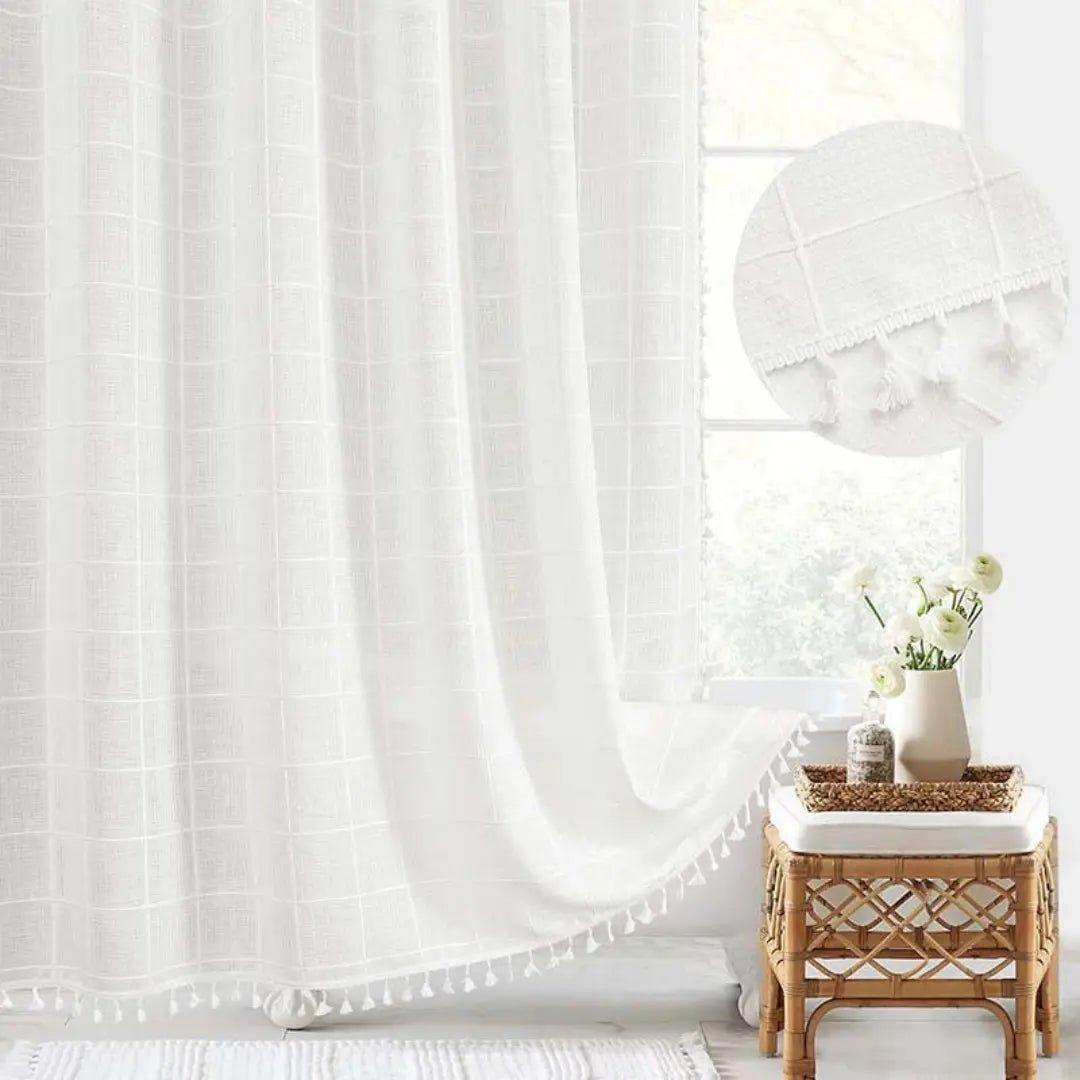 Bohemian Linen Shower Curtain with Tassels and Waterproof Design