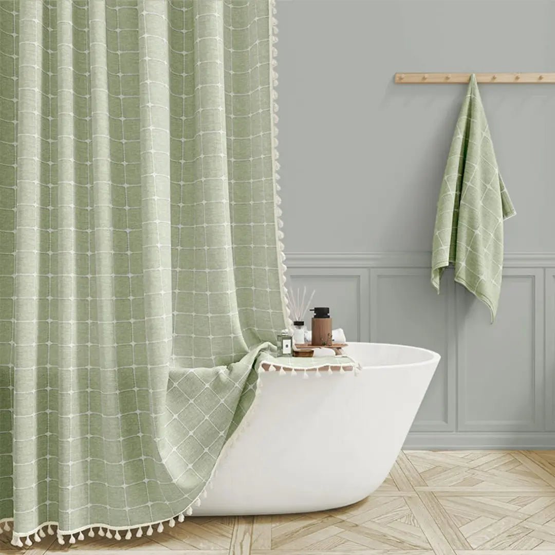 Bohemian Linen Shower Curtain with Tassels and Waterproof Design
