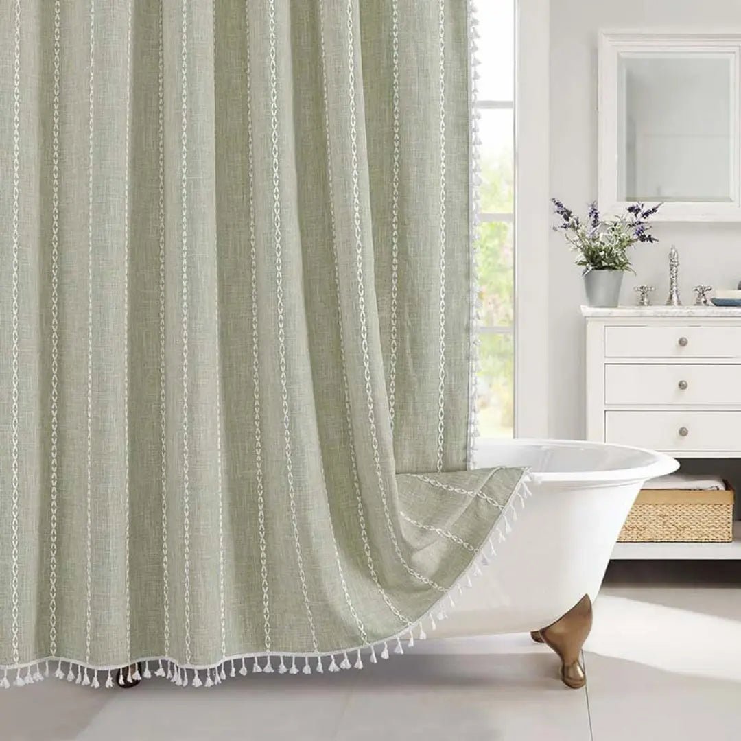 Bohemian Linen Shower Curtain with Tassels and Waterproof Design