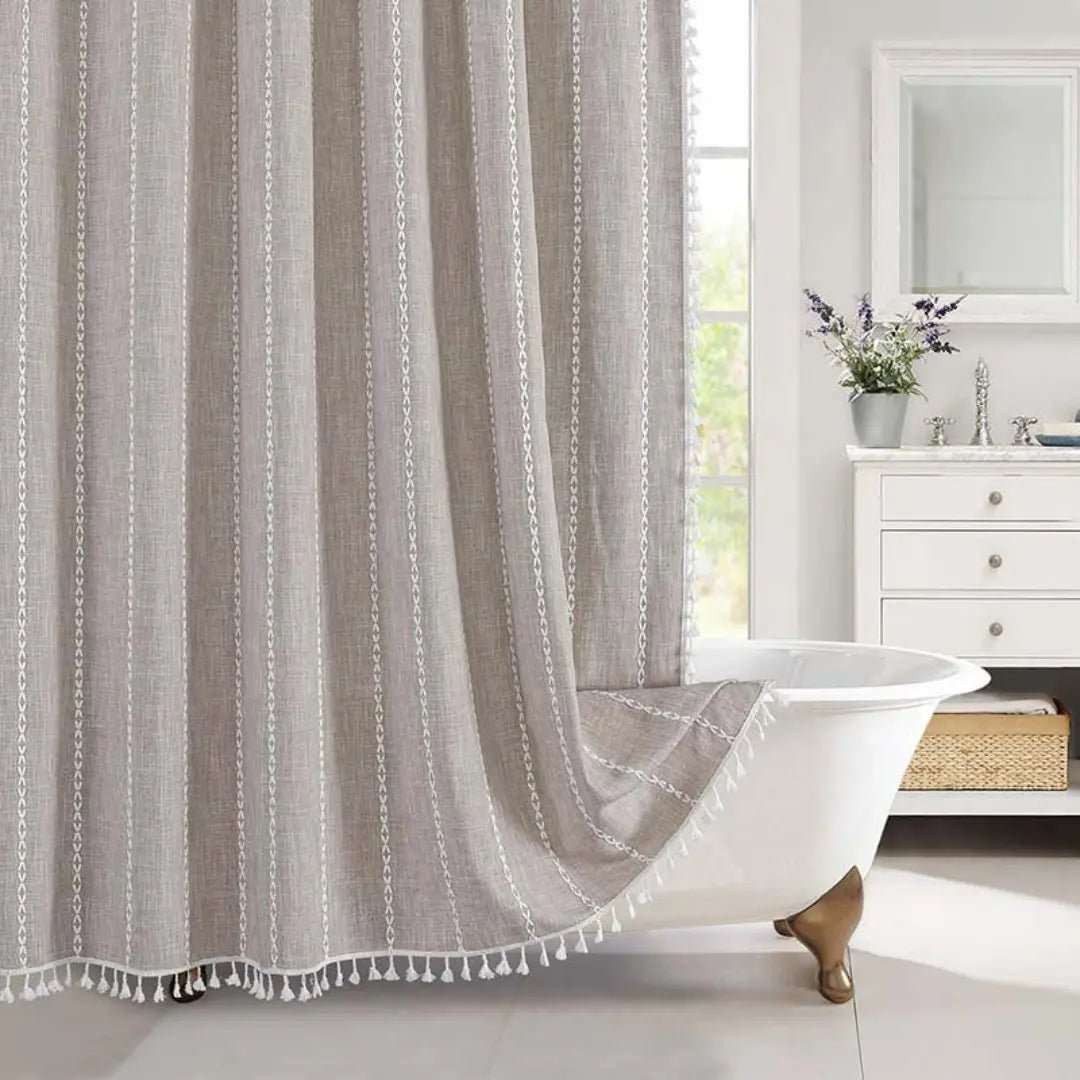 Bohemian Linen Shower Curtain with Tassels and Waterproof Design