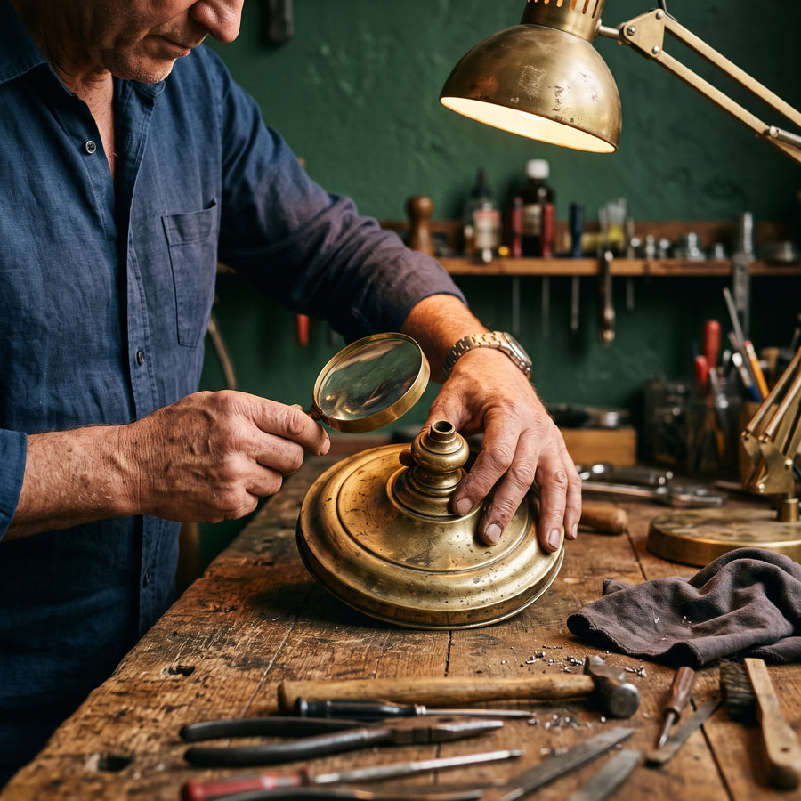 Hands inspecting a brass lamp base on a workbench