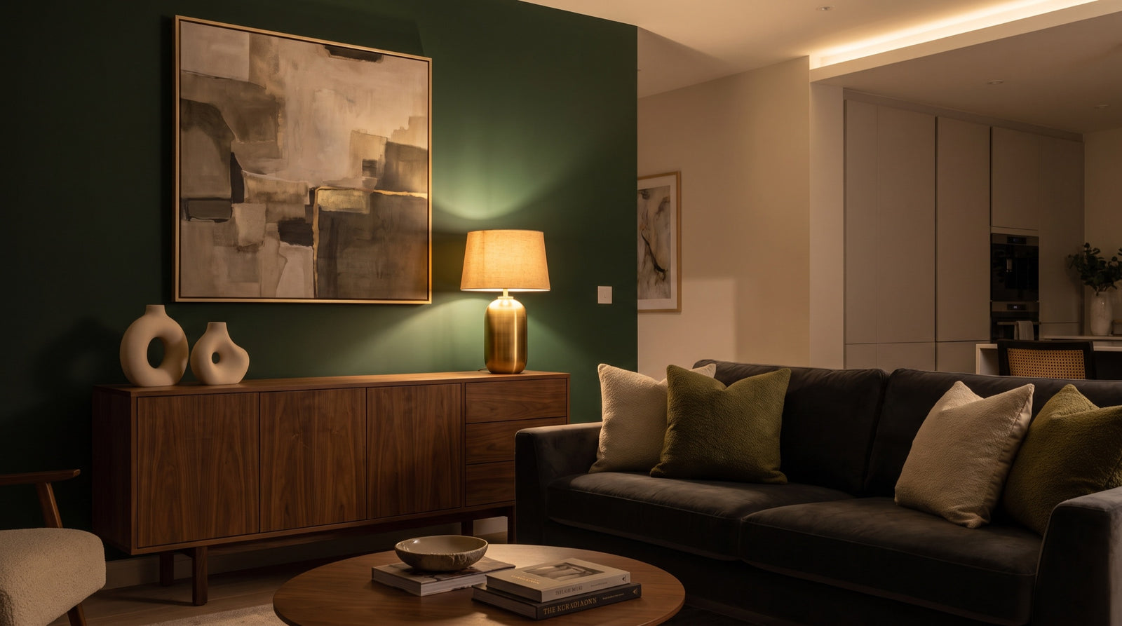 Living room with a deep green wall, walnut sideboard and brass lamp