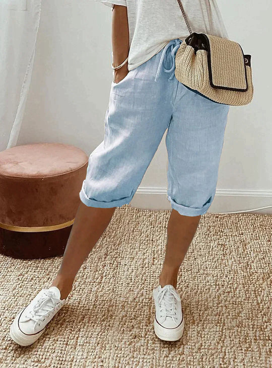 Women's Cropped Linen Drawstring Pants - Relaxed Fit