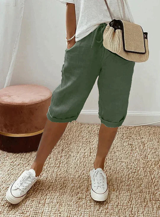 Women's Cropped Linen Drawstring Pants - Relaxed Fit