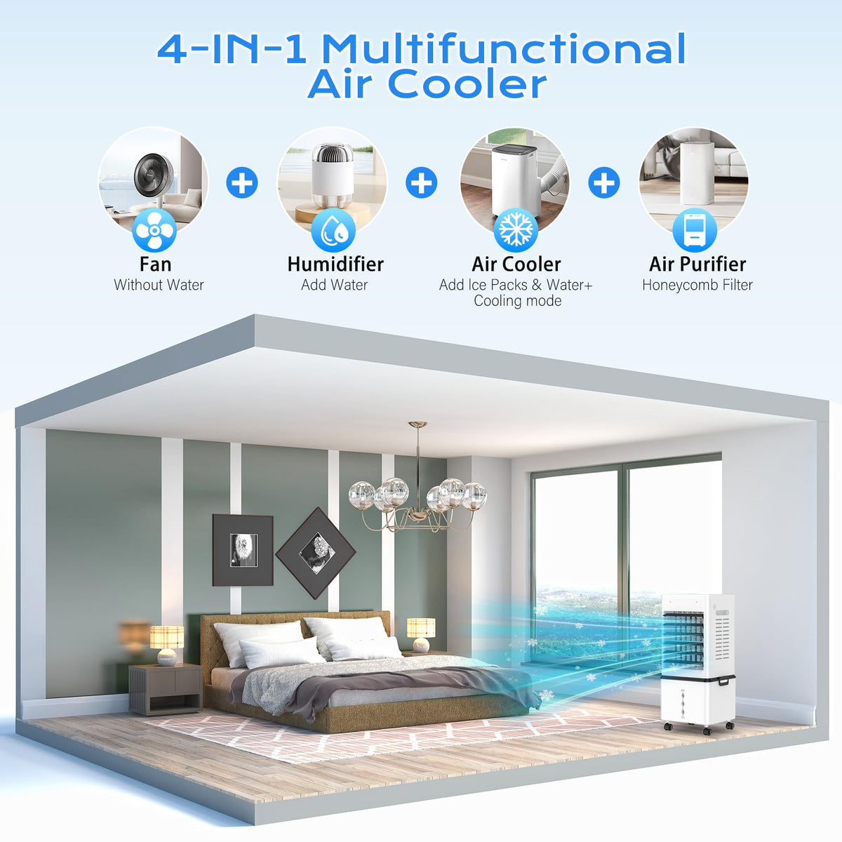 Compact Evaporative Air Cooler for Home with 12L Tank and Timer