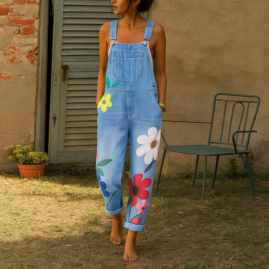 Chic Floral Print Denim Jumpsuit
