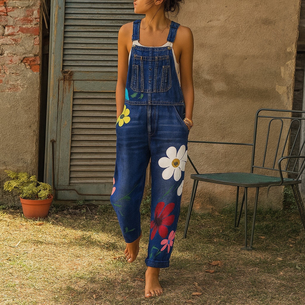 Chic Floral Print Denim Jumpsuit