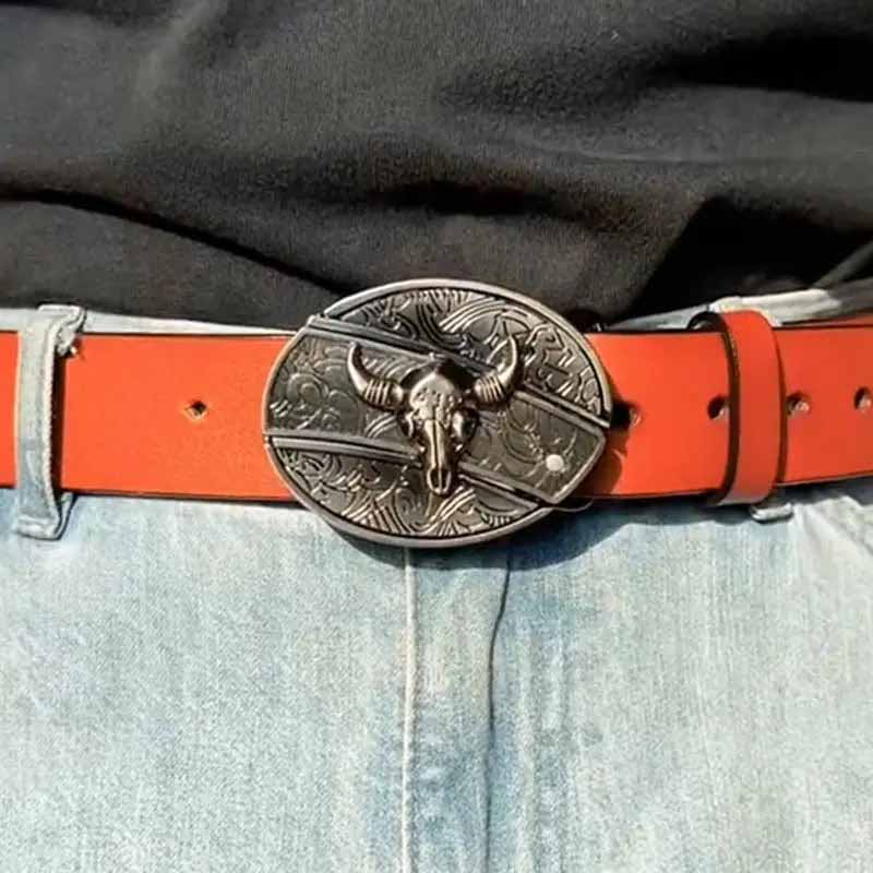 Oval Bull Skull Belt Buckle with Hidden Knife