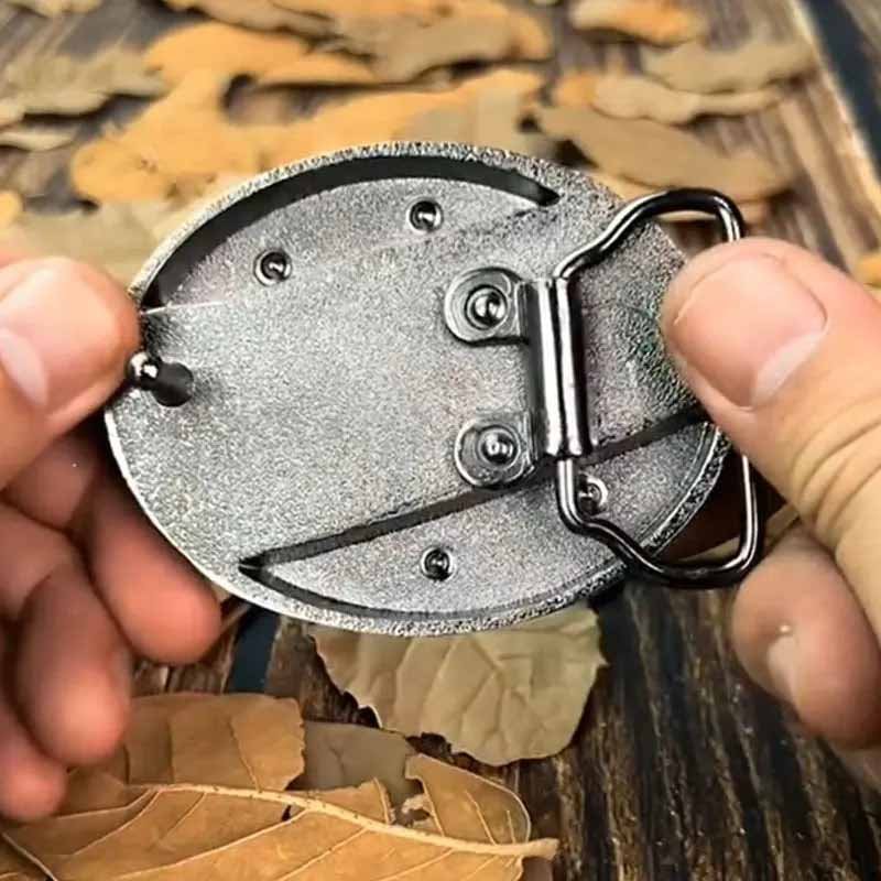 Oval Bull Skull Belt Buckle with Hidden Knife