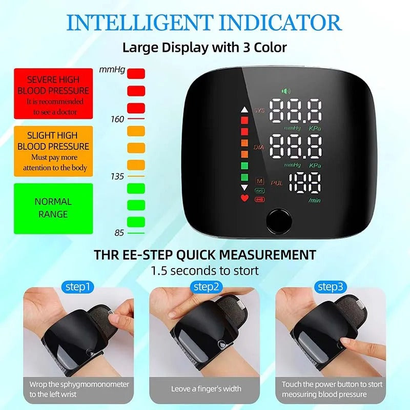 Smart Wrist Blood Pressure Monitor – Portable Electronic Sphygmomanometer with Voice Alerts